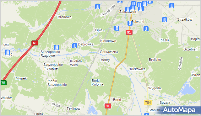 mapa Bobry gmina Radomsko, Bobry gmina Radomsko na mapie Targeo