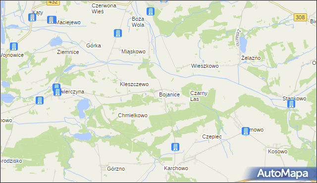 mapa Bojanice gmina Krzemieniewo, Bojanice gmina Krzemieniewo na mapie Targeo