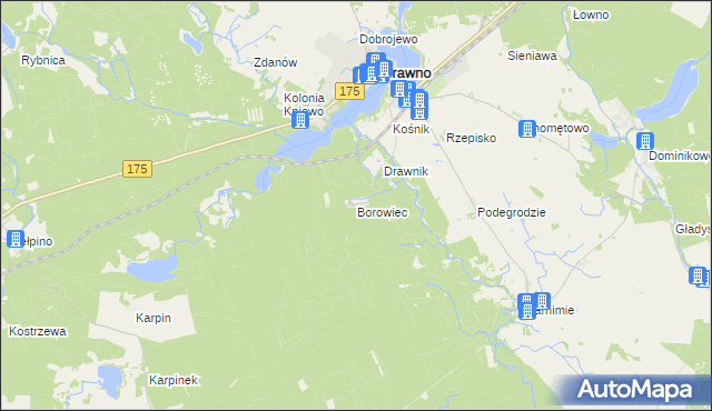 mapa Borowiec gmina Drawno, Borowiec gmina Drawno na mapie Targeo