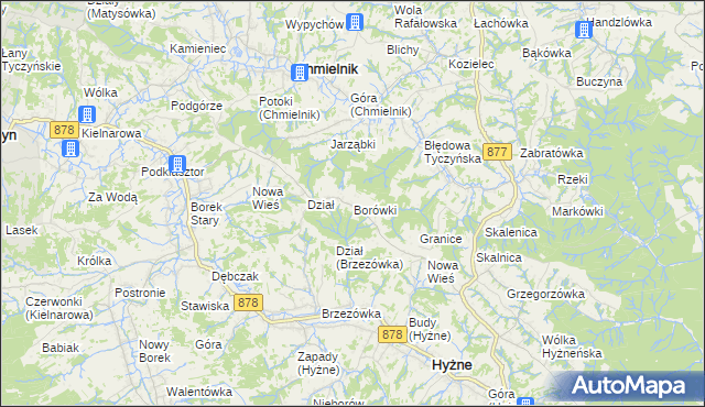 mapa Borówki gmina Chmielnik, Borówki gmina Chmielnik na mapie Targeo