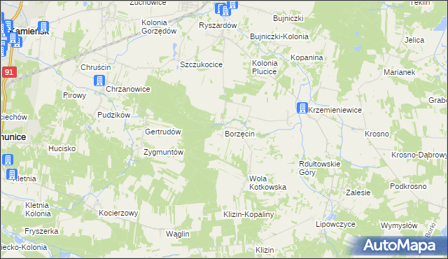 mapa Borzęcin gmina Gorzkowice, Borzęcin gmina Gorzkowice na mapie Targeo