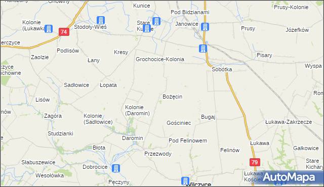 mapa Bożęcin gmina Wilczyce, Bożęcin gmina Wilczyce na mapie Targeo