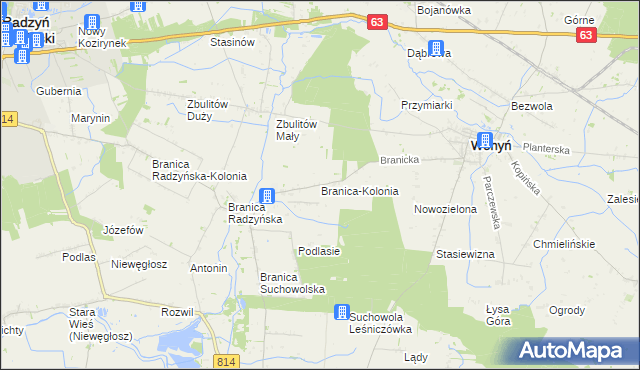 mapa Branica-Kolonia gmina Wohyń, Branica-Kolonia gmina Wohyń na mapie Targeo