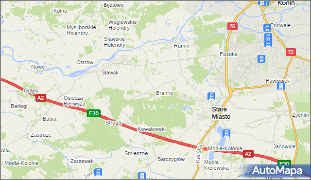 mapa Branno gmina Rzgów, Branno gmina Rzgów na mapie Targeo