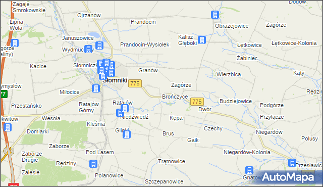 mapa Brończyce gmina Słomniki, Brończyce gmina Słomniki na mapie Targeo