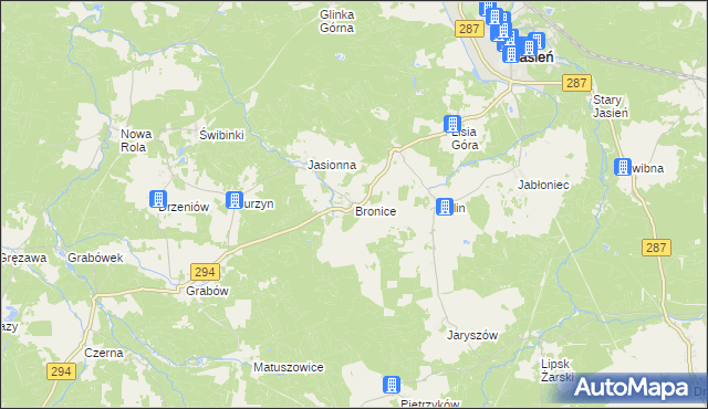 mapa Bronice gmina Jasień, Bronice gmina Jasień na mapie Targeo