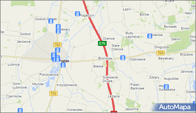 mapa Broników gmina Piątek, Broników gmina Piątek na mapie Targeo