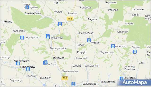 mapa Bronów gmina Działoszyce, Bronów gmina Działoszyce na mapie Targeo