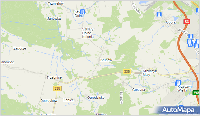 mapa Brunów gmina Chocianów, Brunów gmina Chocianów na mapie Targeo