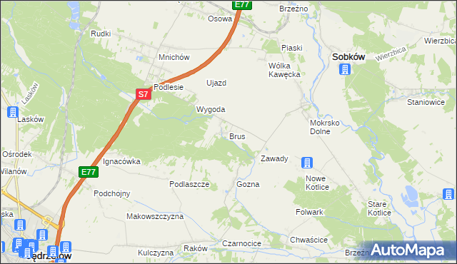 mapa Brus gmina Jędrzejów, Brus gmina Jędrzejów na mapie Targeo