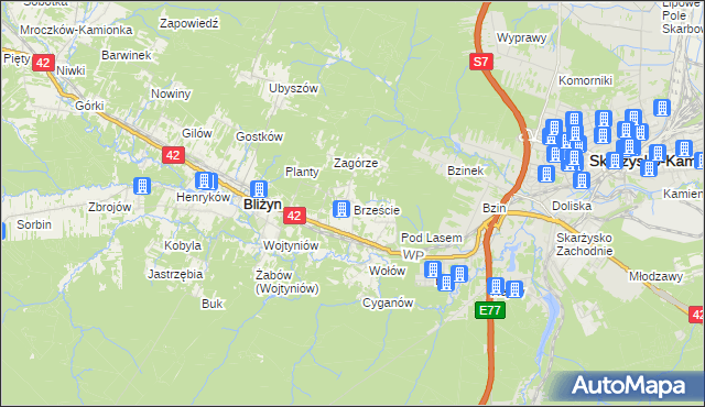 mapa Brzeście gmina Bliżyn, Brzeście gmina Bliżyn na mapie Targeo