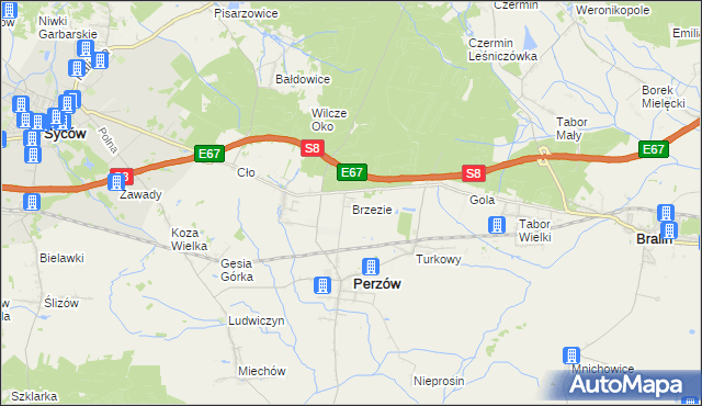 mapa Brzezie gmina Perzów, Brzezie gmina Perzów na mapie Targeo