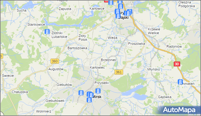 mapa Brzeziniec gmina Mirsk, Brzeziniec gmina Mirsk na mapie Targeo