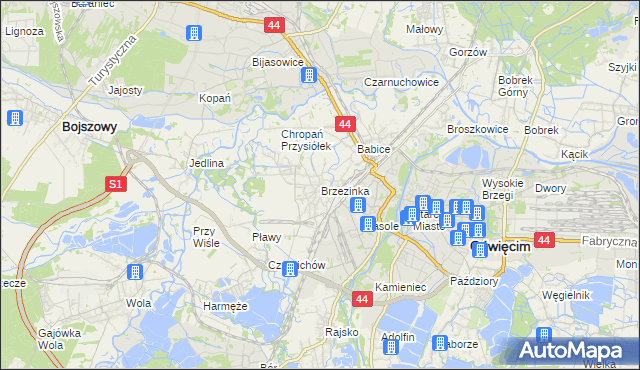 mapa Brzezinka gmina Oświęcim, Brzezinka gmina Oświęcim na mapie Targeo