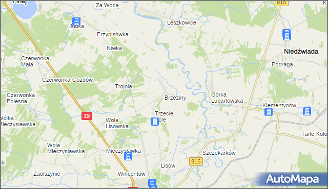 mapa Brzeziny gmina Lubartów, Brzeziny gmina Lubartów na mapie Targeo