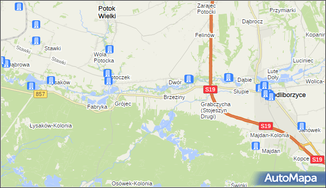 mapa Brzeziny gmina Modliborzyce, Brzeziny gmina Modliborzyce na mapie Targeo