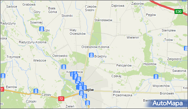 mapa Brzeziny gmina Uniejów, Brzeziny gmina Uniejów na mapie Targeo