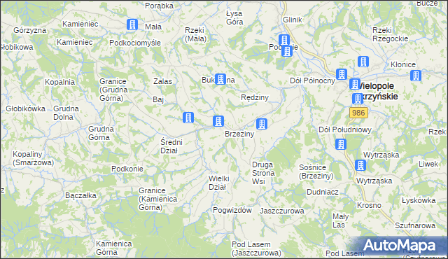 mapa Brzeziny gmina Wielopole Skrzyńskie, Brzeziny gmina Wielopole Skrzyńskie na mapie Targeo