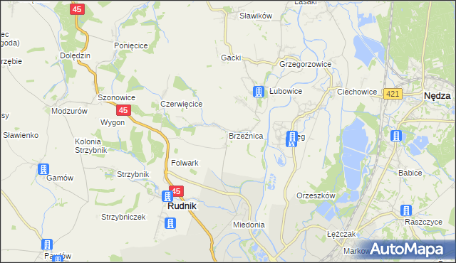 mapa Brzeźnica gmina Rudnik, Brzeźnica gmina Rudnik na mapie Targeo