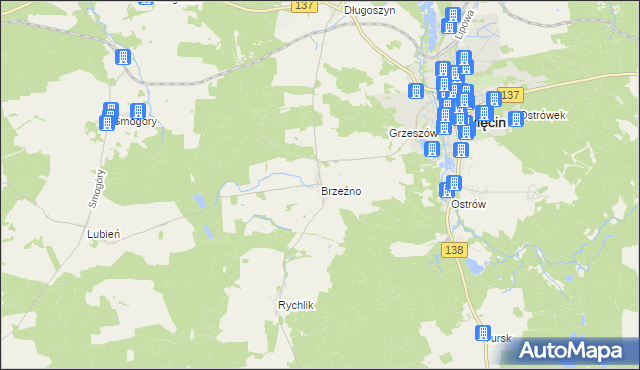 mapa Brzeźno gmina Sulęcin, Brzeźno gmina Sulęcin na mapie Targeo