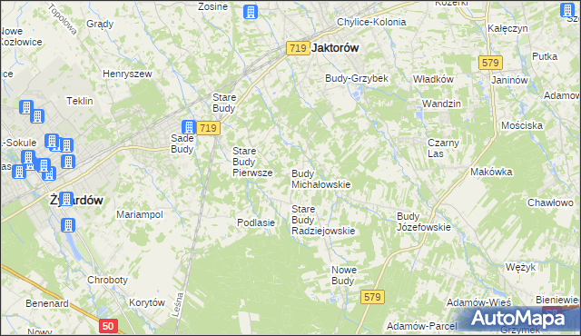 mapa Budy Michałowskie gmina Jaktorów, Budy Michałowskie gmina Jaktorów na mapie Targeo