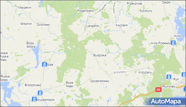 mapa Budziska gmina Mrągowo, Budziska gmina Mrągowo na mapie Targeo