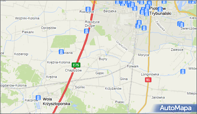 mapa Bujny gmina Wola Krzysztoporska, Bujny gmina Wola Krzysztoporska na mapie Targeo