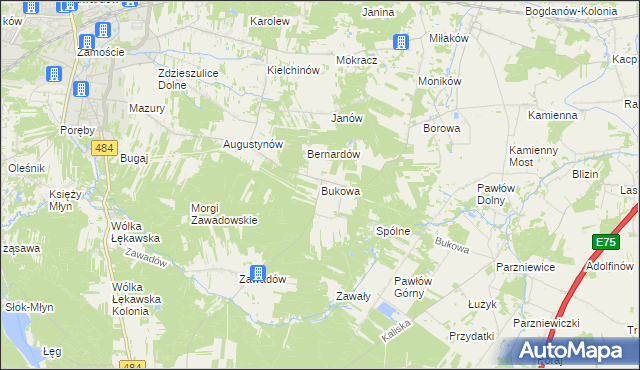 mapa Bukowa gmina Bełchatów, Bukowa gmina Bełchatów na mapie Targeo