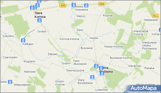 mapa Bukowice gmina Leśna Podlaska, Bukowice gmina Leśna Podlaska na mapie Targeo