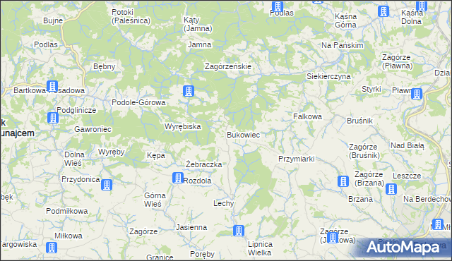 mapa Bukowiec gmina Korzenna, Bukowiec gmina Korzenna na mapie Targeo