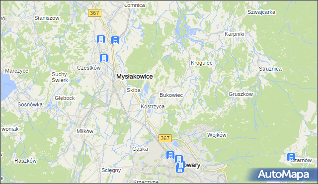 mapa Bukowiec gmina Mysłakowice, Bukowiec gmina Mysłakowice na mapie Targeo
