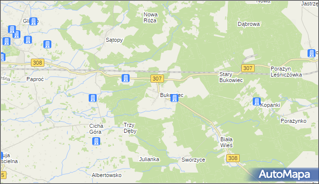 mapa Bukowiec gmina Nowy Tomyśl, Bukowiec gmina Nowy Tomyśl na mapie Targeo