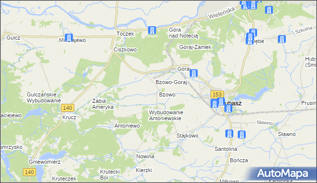 mapa Bzowo gmina Lubasz, Bzowo gmina Lubasz na mapie Targeo
