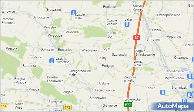 mapa Celiny gmina Iwanowice, Celiny gmina Iwanowice na mapie Targeo