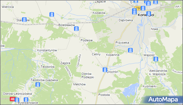 mapa Celiny gmina Lelów, Celiny gmina Lelów na mapie Targeo