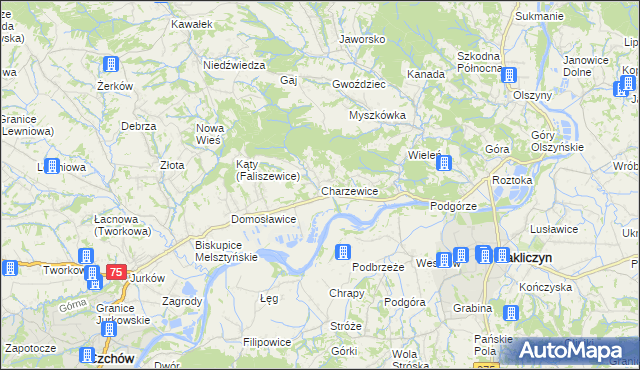 mapa Charzewice, Charzewice na mapie Targeo