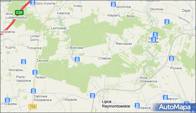 mapa Chlebów gmina Lipce Reymontowskie, Chlebów gmina Lipce Reymontowskie na mapie Targeo