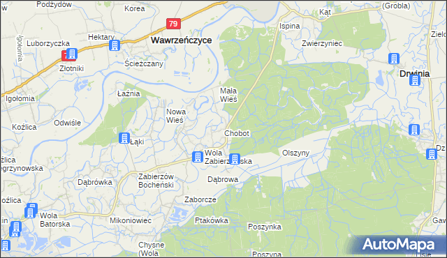 mapa Chobot gmina Niepołomice, Chobot gmina Niepołomice na mapie Targeo
