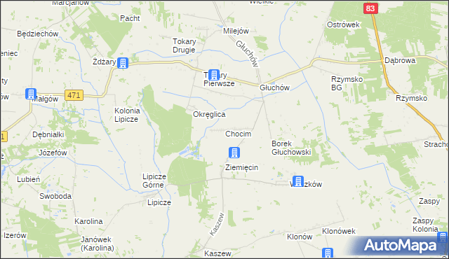 mapa Chocim gmina Kawęczyn, Chocim gmina Kawęczyn na mapie Targeo
