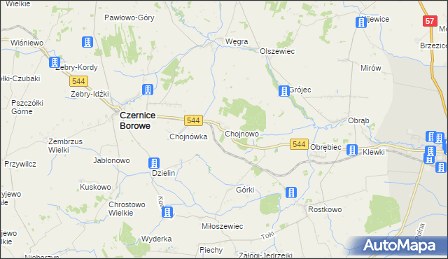 mapa Chojnowo gmina Czernice Borowe, Chojnowo gmina Czernice Borowe na mapie Targeo