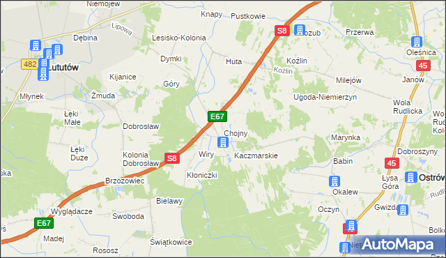 mapa Chojny gmina Lututów, Chojny gmina Lututów na mapie Targeo