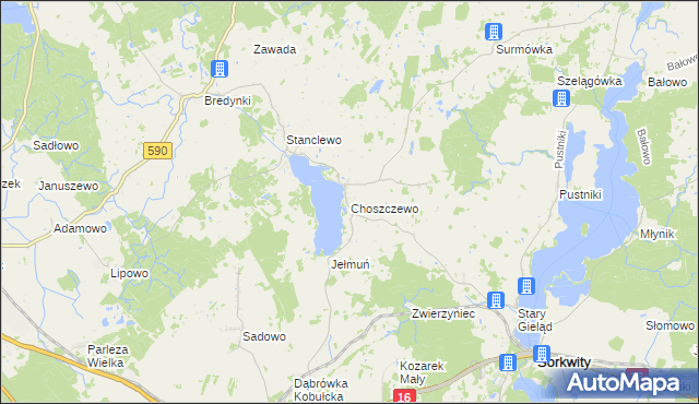 mapa Choszczewo gmina Sorkwity, Choszczewo gmina Sorkwity na mapie Targeo