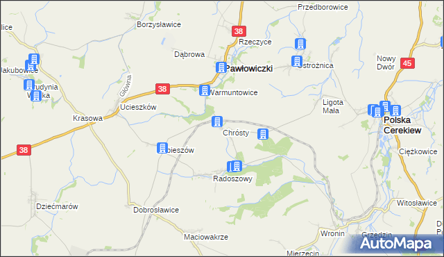 mapa Chrósty gmina Pawłowiczki, Chrósty gmina Pawłowiczki na mapie Targeo