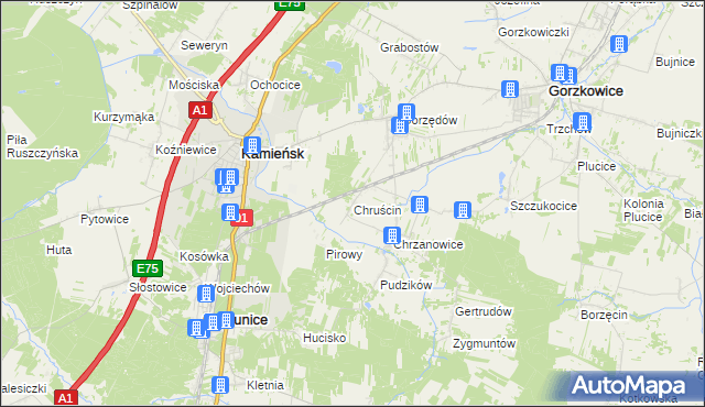 mapa Chruścin gmina Gomunice, Chruścin gmina Gomunice na mapie Targeo