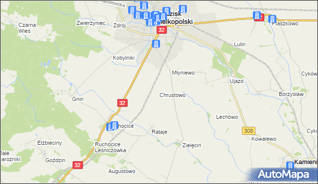 mapa Chrustowo gmina Grodzisk Wielkopolski, Chrustowo gmina Grodzisk Wielkopolski na mapie Targeo