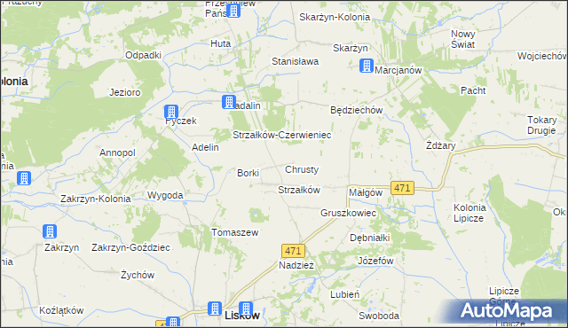 mapa Chrusty gmina Lisków, Chrusty gmina Lisków na mapie Targeo