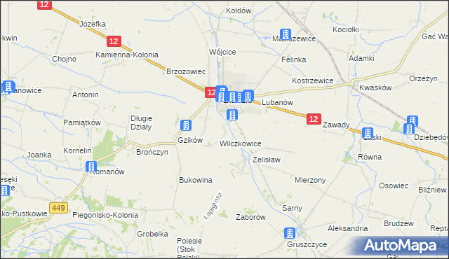 mapa Chrzanowice gmina Błaszki, Chrzanowice gmina Błaszki na mapie Targeo