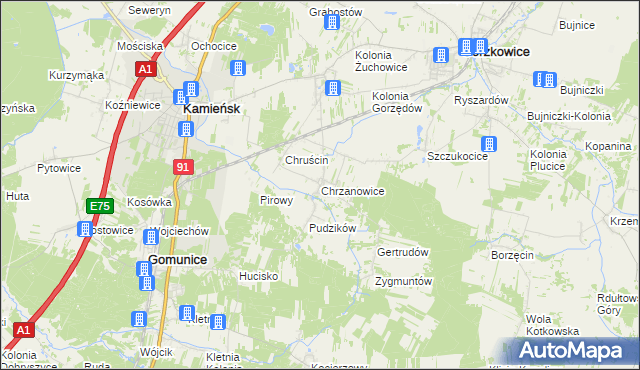 mapa Chrzanowice gmina Gomunice, Chrzanowice gmina Gomunice na mapie Targeo