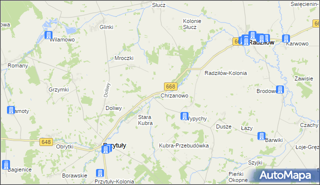 mapa Chrzanowo gmina Przytuły, Chrzanowo gmina Przytuły na mapie Targeo