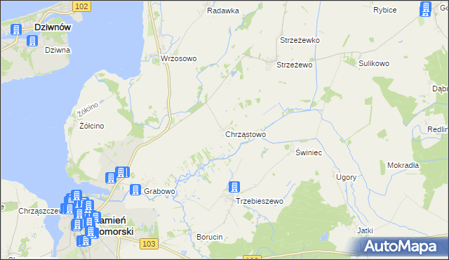 mapa Chrząstowo gmina Kamień Pomorski, Chrząstowo gmina Kamień Pomorski na mapie Targeo